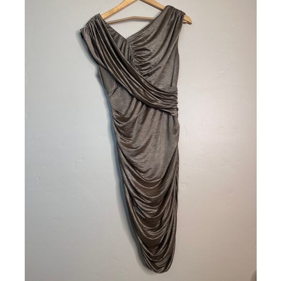 Suzi Chin for Maggy Golden Bronze Shiny Drape Cocktail Dress - Picture 1 of 4